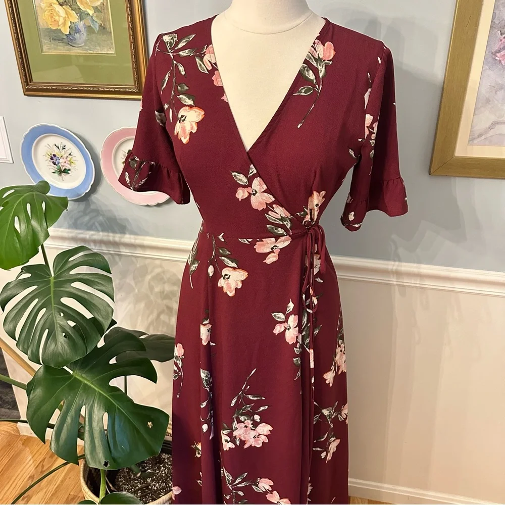 Lulu’s September Sunsets Burgundy Floral Wrap Maxi Dress Small Boho Wedding - Picture 4 of 11